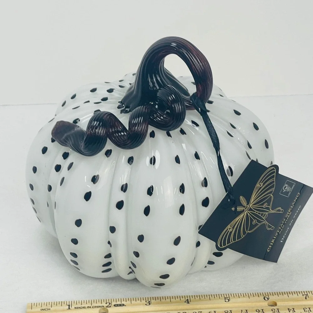 Christian Siriano New York Glass Pumpkin Decor White Black Polka Dot Purple Stem